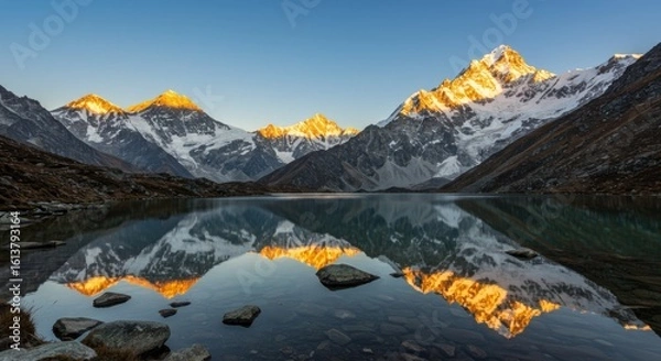 Fototapeta Majestic mountain peaks reflecting in tranquil lake at sunrise for nature and travel design