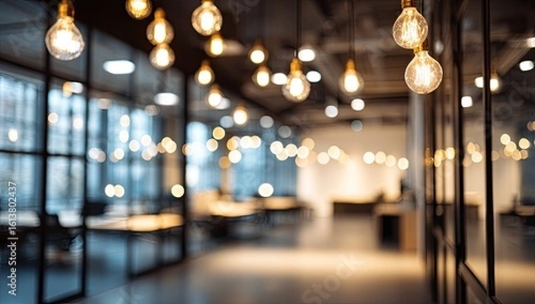 Fototapeta Blurred interior office space with Edison bulbs