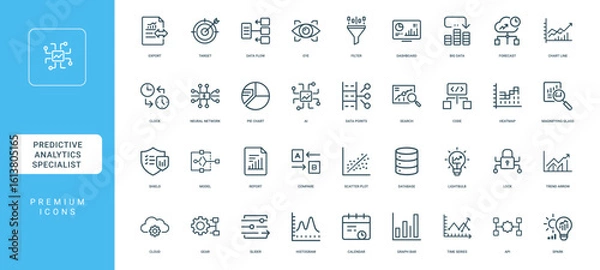 Obraz predictive analytics data analysis statistical modeling, engineering transformation solutions data innovation, minimal thin line web outline icons collection, simple vector illustration
