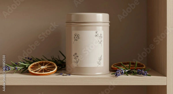 Fototapeta Elegant herbal tea container with dried orange slices and lavender on wooden shelf