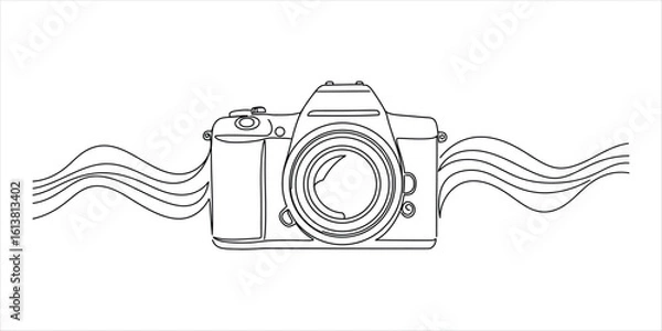 Fototapeta Black line art illustration of a D S L R camera with wavy lines on white background DSLR black and white