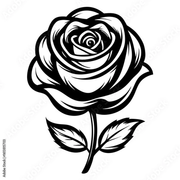 Obraz Elegant black rose silhouette with leaves isolated on white background