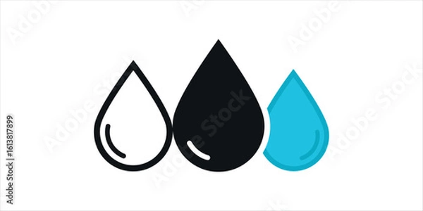 Fototapeta Three stylized water drops in black white and blue on white background liquid drop