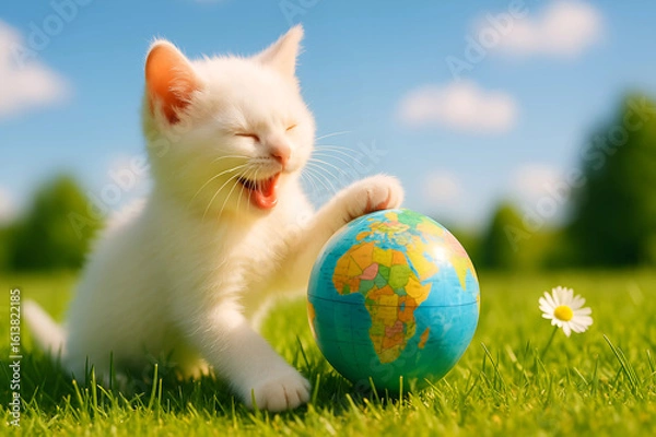 Fototapeta A white kitten rests its paw on a small globe on green grass under a blue sky
