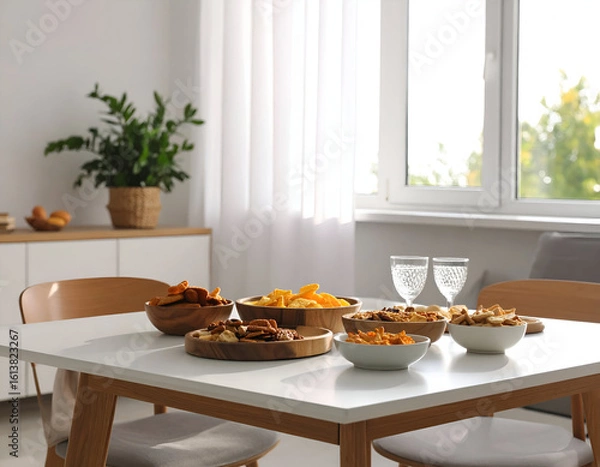 Fototapeta Variety of Snacks in Wooden Bowls on a White Table