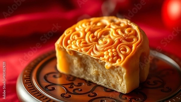 Fototapeta Steaming mooncake with floral imprints on lacquered tray, showcasing festive culinary artistry.