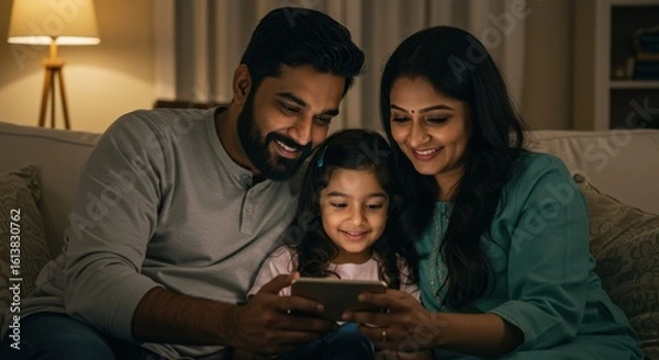 Fototapeta Happy Indian Family Using a Smartphone Together on the Sofa at Home
