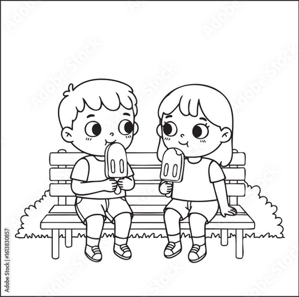 Obraz Cute Cartoon Kids Eating Ice Cream on a Park Bench, Coloring Page