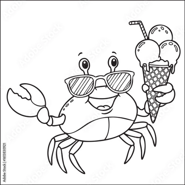 Obraz Funny Cartoon Crab with Sunglasses and Ice Cream, Coloring Page