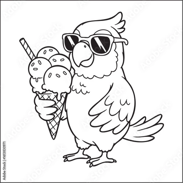 Obraz Cool Cartoon Parrot with Sunglasses and Ice Cream, Coloring Page