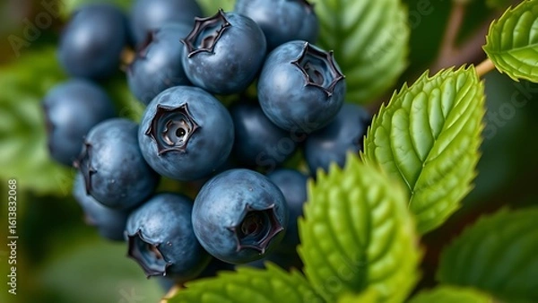 Fototapeta A close-up of vibrant blueberry leaves, showcasing nature's intricate details and greenery.