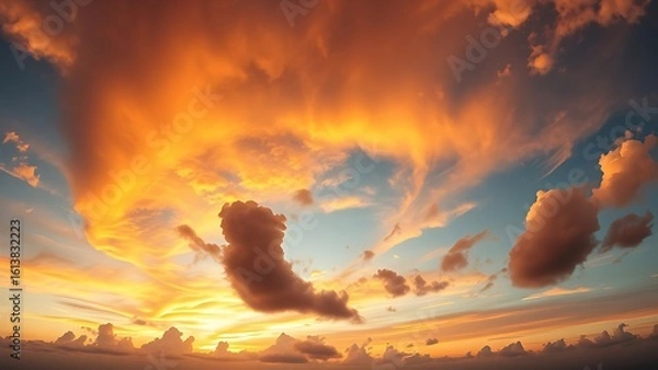 Fototapeta Dramatic golden hour sky with vibrant sunset hues blending into dynamic cloud formations, capturing nature's grandeur.