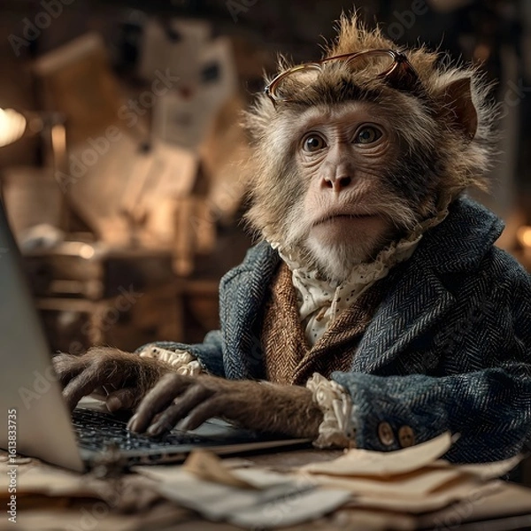 Obraz A monkey office worker focused on typing on a laptop