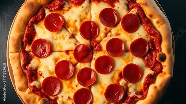 Fototapeta Pepperoni pizza with melted cheese, captured from an overhead angle, showcasing its delicious appeal.