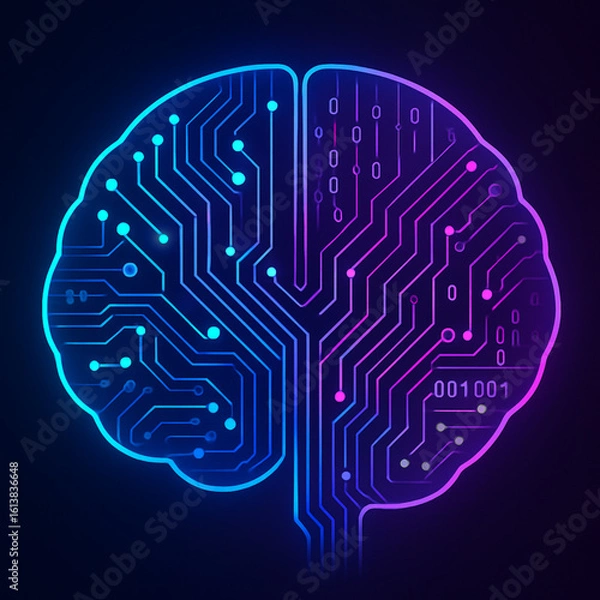 Fototapeta Stylized digital brain illustration with neon circuitry in blue and purple, glowing connections, and binary code. Dark background enhances the tech-inspired fusion of mind and machine.