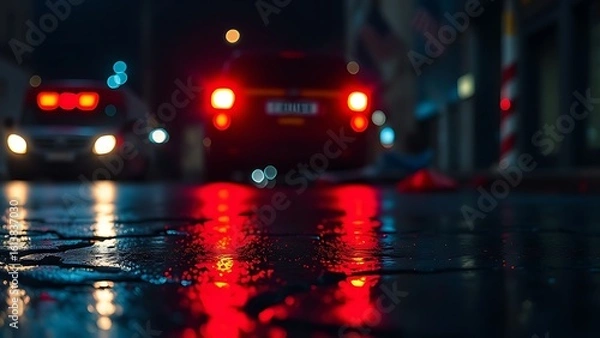 Fototapeta Glowing red and blue emergency lights reflecting on wet pavement in dramatic night scene.
