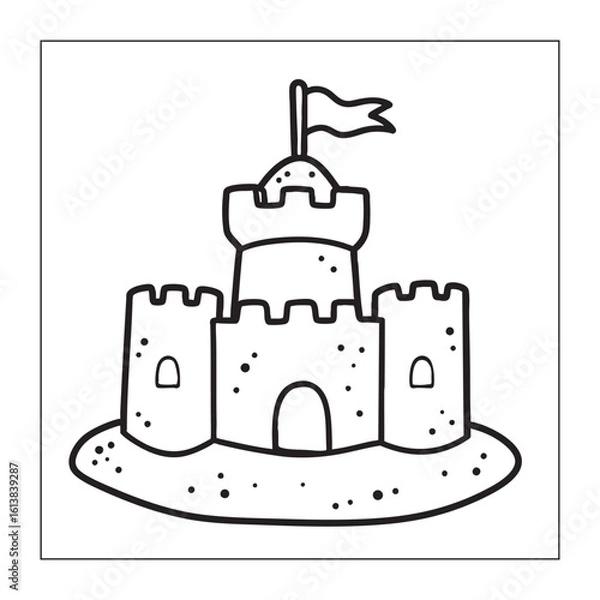 Obraz Simple Sandcastle with a Flag, Beach Coloring Page for Kids