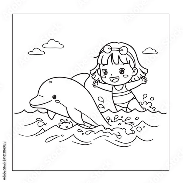 Obraz Cute Girl Swimming with a Dolphin, Summer Friendship Coloring Page

