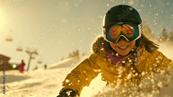 Fototapeta Excited young female snowboarder carving through fresh alpine snow on a steep slope with sunlight reflecting off goggles and dynamic motion blur creating an energetic winter scene