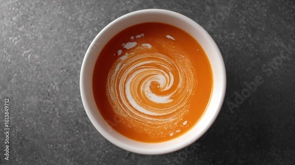 Fototapeta   An overhead view of a bowl of soup with a swirl in its center, set against a dark background