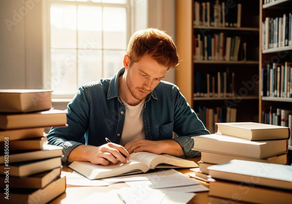 Obraz A focused male student writing in a book while studying at a desk surrounded by books in a sunlit library.