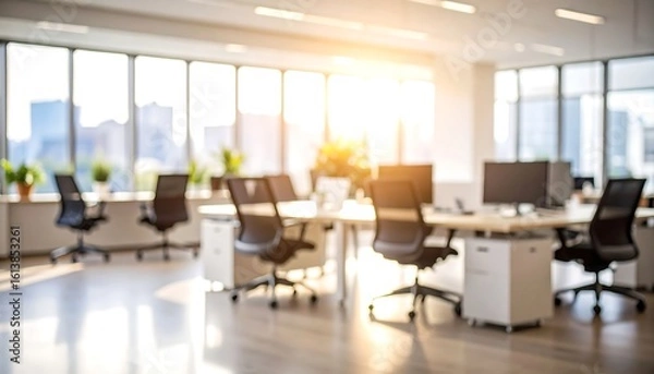 Fototapeta Blurred office interior with desks and sunlight