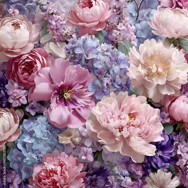 Fototapeta Floral Symphony: An artistic composition of peonies and hydrangeas. A close-up perspective reveals the intricate details of these delicate blooms, showcasing their vibrant hues and layered petals.