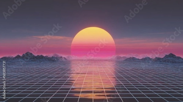 Fototapeta 80's style sunrise over ocean with horizon and grid background