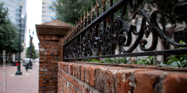 Obraz Close Up of Ornate Black Metal Fence Atop Red Brick Wall in Urban Setting