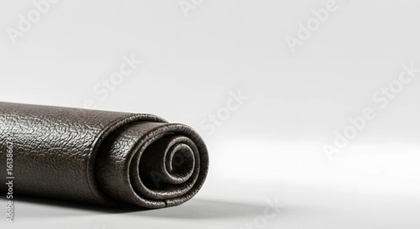 Fototapeta A macro shot of a rolled-up piece of dark brown faux leather material for upholstery or crafting, showing detailed texture on a clean white studio background with copy space.