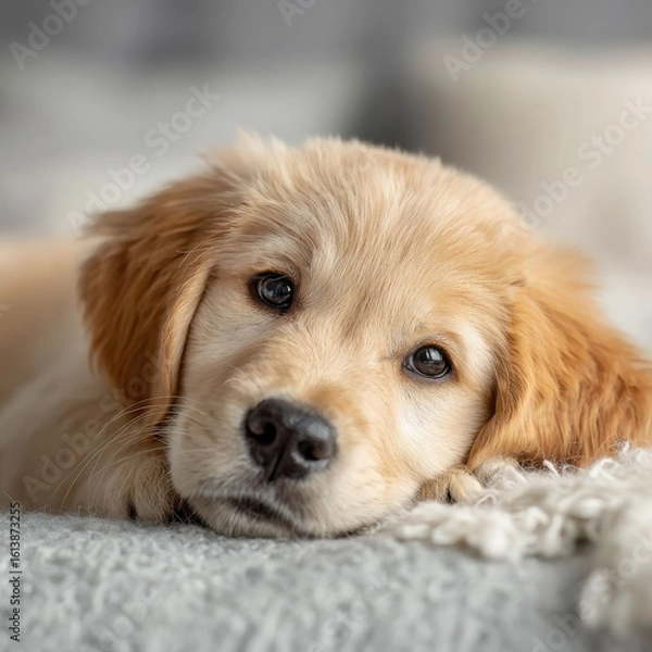 Obraz adorable golden retriever puppy relaxing comfortably on a cozy blanket