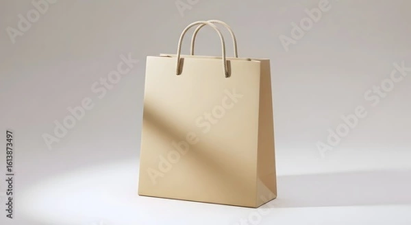 Obraz shopping bag on white background, Stylish beige paper shopping bag with twisted rope handles and a matte finish, placed on a clean white studio background — an elegant, modern design ideal for premium