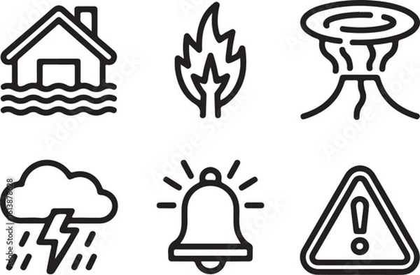 Obraz Emergency Risk Icons – Minimal Line Art of Natural Hazards and Safety Alerts