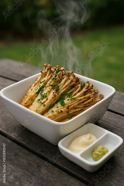 Fototapeta バター香る焼きえのき茸の湯気立つ一皿｜白い角皿に盛られた熱々のえのきをパセリで彩り、マヨネーズとわさびの2種ディップで楽しむアウトドアの味わい