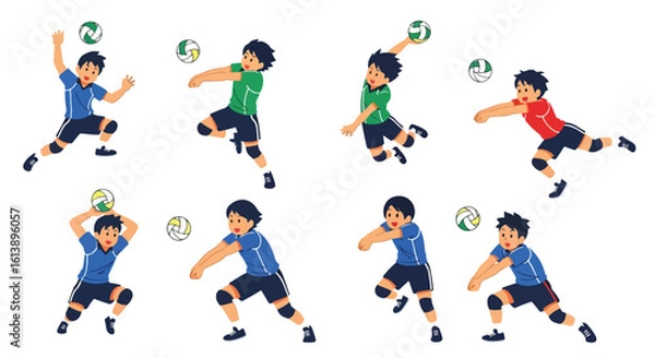 Fototapeta flat style illustration set of volleyball players in various action poses like serving, setting, spiking, and receiving, showcasing teamwork and sports activity