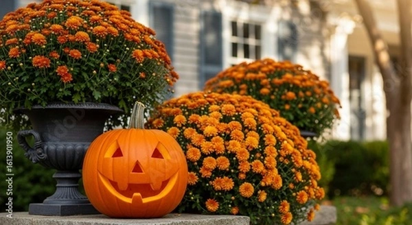 Fototapeta Photo of a cheerful jackolantern sits among vibrant orange mums, adorning the entrance of a charming house for autumn