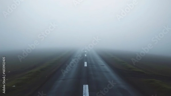 Fototapeta An abstract crossroads with two diverging paths in a misty morning, creating a sense of choice.