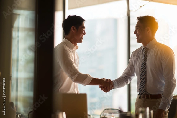 Fototapeta Asian Businessman making handshake with partner, open office space background 
