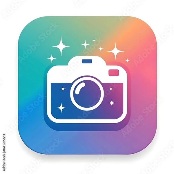 Fototapeta A white camera icon on a colorful gradient background, representing photography and digital imaging