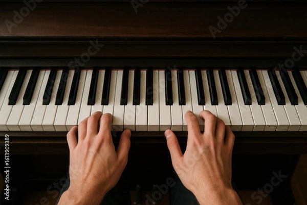 Obraz Classical pianist playing piano indoors

Male hands performing music on acoustic piano