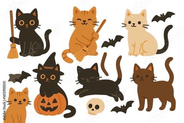 Fototapeta A seamless pattern of happy cat Halloween costumes featuring a black kitten in a witch hat, holding a broom and sitting next to a head pumpkin, with a witch cauldron, crescent moon, stars, and skull