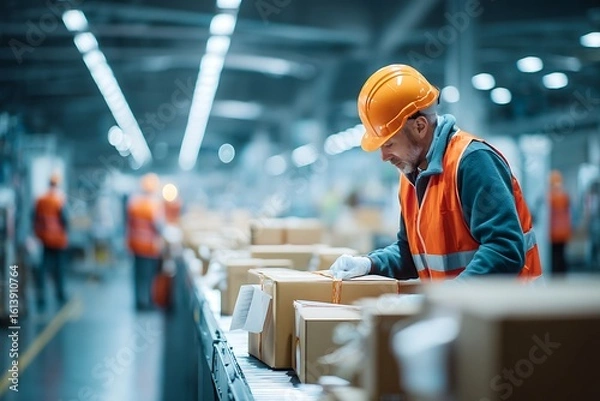 Fototapeta A warehouse worker efficiently processes packages on a conveyor belt, symbolizing modern logistics, automated order fulfillment, and the speed of e-commerce.