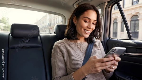 Obraz A woman is smiling while holding a phone inside a car