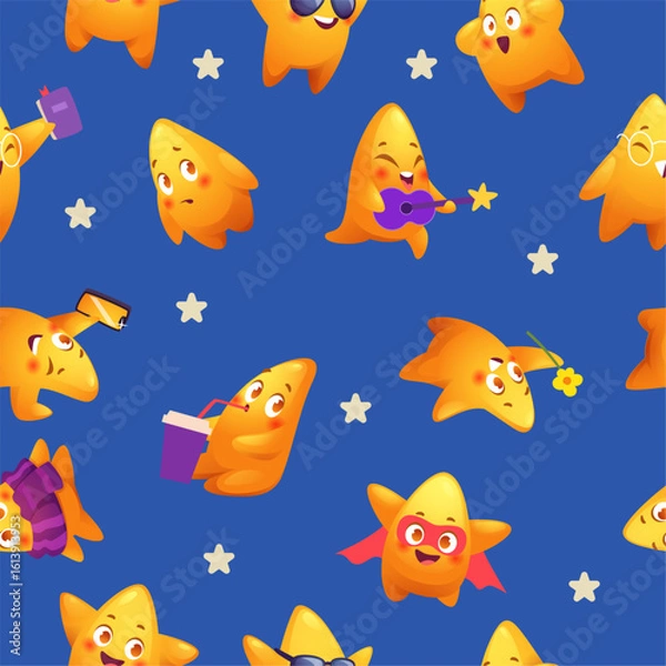 Fototapeta Stars pattern. seamless background with cartoon stars with emotions and action poses