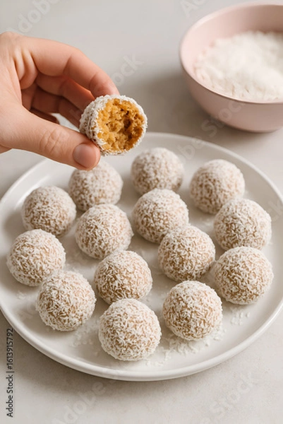 Obraz ココナッツをまぶした丸いスイーツを一口｜白い皿に並んだ手作りお菓子の断面から現れる、とろけるようなオレンジブラウンのフィリング｜背景にピンクの器