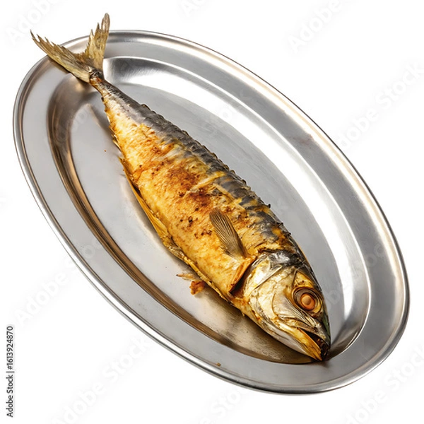 Obraz Single Fried Mackerel Served on a Silver Dish