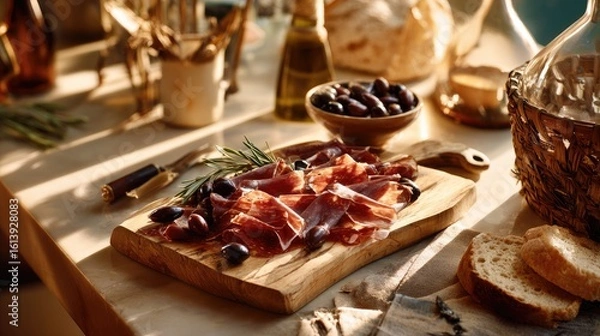 Fototapeta Cured meat olives and bread on rustic board