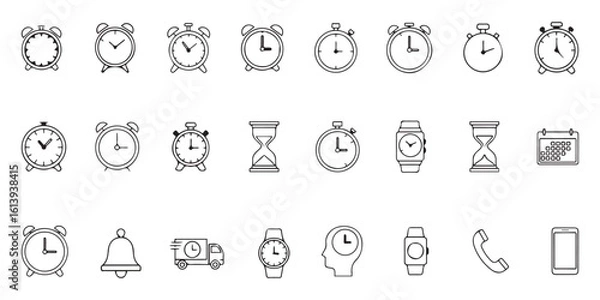 Fototapeta Collection of Black and White Line Art Clock Icons Including Alarm Clocks Stopwatches Wristwatches Hourglasses and a Calendar