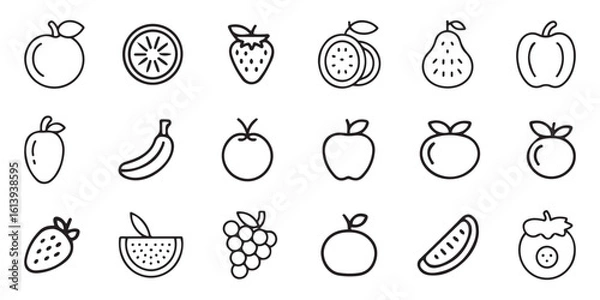 Fototapeta Collection of Black and White Line Drawings of Various Fruits Including Apples Bananas Strawberries and More