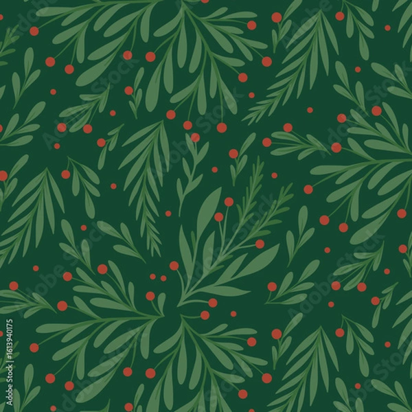 Obraz Classic Christmas Greenery Seamless Pattern – Festive Leaves and Red Berries